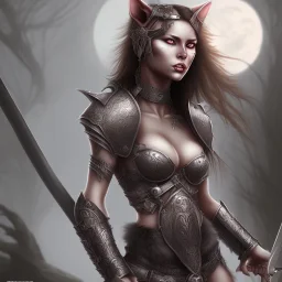 Sexy female warrior cat eyes full body battle background