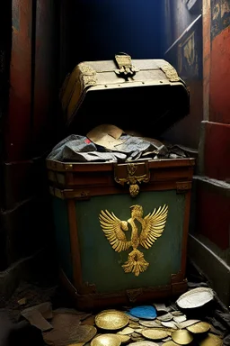 in a LARGE BASEMENT, half-buried in the earth, an ancient, worn-out, worn-out, torn-side valise peeks out, from which gold coins from the time of Catherine the Great fall out. The ancient coat of arms of Russia, the double-headed eagle, is BARELY VISIBLE on the bag. There are a lot of broken bricks and earth around the bag. All in high quality 8K