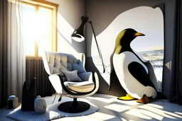 penguin shaped and penguin coloured (black and white) armchair in a modern room, with human feet decorated wallpaper in the background in sunshine