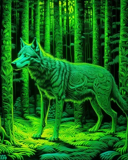 A neon green forest with a wolf designed in Navajo woven art painted by Claude Monet