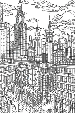 various architectural landmarks and cityscapes, coloring book page, simple and clean line art, adult drawing book, low details, black and white, crisp black lines, no shades, sharp lines, coloring book for adults, cartoon style, landscape