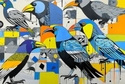 ink and paint of holo sizzle, arafed nonsense contradicting toucans in liminal space, double negative vibe, unnerving vibe, whimisical influence, grotesque vibe, ink and tint leak, minimal, brutalist, Aztec, drab and gray and orange and yellow