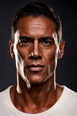 45 year old man with Dark tanned skin. dark brown hair which hangs at his shoulders, clean shaven. creepy looking