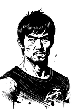 bruce lee , white background, outlines are black, vectoral , illustrated , cartoon