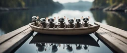 close up on dented glowing ghost transparent ant skeleton rat babies in boat with googly eyes, raised by ninja necromancer in the wild, on wooden bridge by lake in surreal reflecting stone chrome landscape