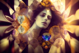 double exposure, merged layers, top view pattern of gemstones in sunshine intimate Victorian Boudoir, soft edges bokeh highly detailed dof portrait dynamic lighting Alphonse Mucha