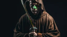 hooded monk armed with a sword