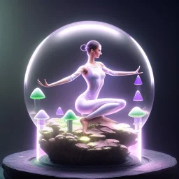 young humanoid yoga master in a glass shield mushroom, power surge , maze background , levitated lab equipment, 4k, Highly Detailed, Masterpiece, perfect eyes, Digital Illustration, Cinematic Lighting, Realistic, Sharp Focus, Centered, Beautifully Lit, Bioluminescent by Stanley Artgerm Lau