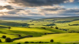 View across the valley in the Yorkshire Dales with beautiful clouds, late afternoon sunshine, stone walls enclosing the fields, gentle hills and valleys, river, calm, peaceful, tranquil, beautiful composition