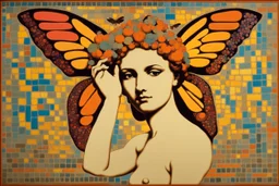 colorful psychedelic painting of ancient god psyche depicted in ancient mosaic art as a butterfly-winged woman by andy warhol