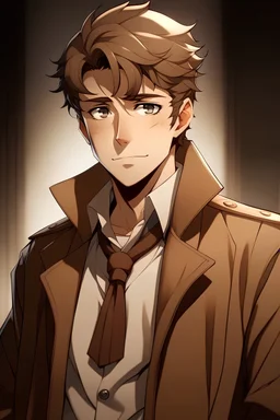 a sly looking young man with dark brown hair and brown eyes, dressed in an old brown trench coat and a white anime-themed shirt.