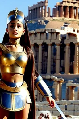 ariana grande in greek armor at the fall of the city of Troy high quality