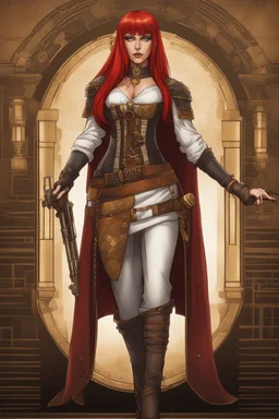 full body and headshot of a skinny Cleopatra, with long straight red hair, dressed as an assassin standing in a steampunk setting.