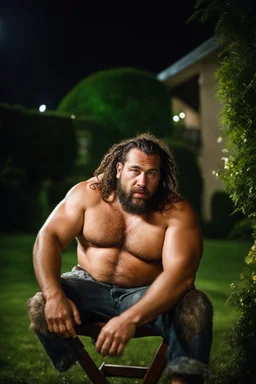 half figure shot photography of a burly strong stocky chubby muscular built short gipsy shirtless homeless hairy man 31 years old in opened broken shorts, manly chest, curly beard, dreadlocks,ajar mouth, sweat, wet, angry, sitting on a chair on the meadow, in a private elegant garden of a villa, raining nighttime, big shoulders, ambient occlusion, photorealistic, frontal view from the ground, dim light from little bulbs