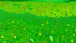 A lime green field with bugs painted by Vincent van Gogh