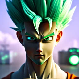 Son-goku with white hair in a green field, cyberpunk close-up, cartoon style, ray tracing