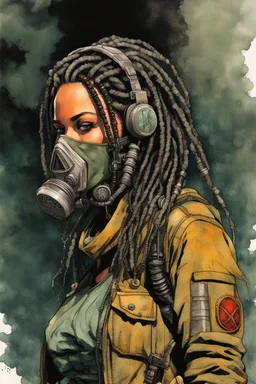 front facing full length portrait illustration of a grunge armored female with beaded dreadlock hair cyberpunk vampire mercenary with gas mask, telecommunications headset, and shemagh, highly detailed with gritty post apocalyptic textures, toxic irradiated landscape, finely detailed facial features and hair, in the graphic novel style of Bill Sienkiewicz, and Jean Giraud Moebius, ink wash and watercolor with realistic light and shadow