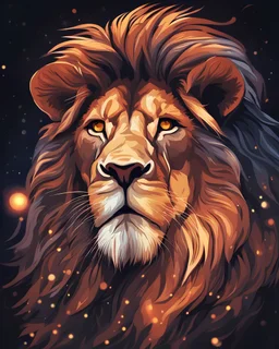 digital illustration style drawing of a lion, empowered image with bright and warm colors such as red and orange yellow tones in the mane, a starry sky in the background of the image and beautiful sparkles