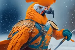 half parrot half human in a orange dutch uniform being cut with a sword in a sword fight in the snow