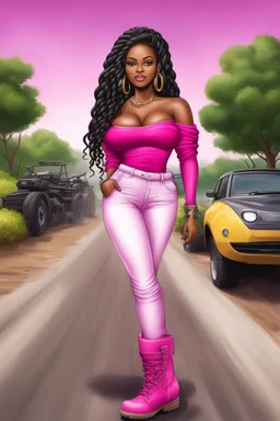 Create a digital airbrush cartoon of a curvy African American female wearing tight white jeans and a off the shoulder hot pink blouse. She is also wearing timberland boots. Prominent make up with hazel eyes. Highly detailed very long extremely braids of black hair. Her skin is smooth and silky. Background of a track of ATV riders.