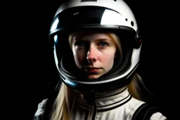 Russian girl, blonde hair, dressed in car racing suit, posing in photo studio, helmet on and open, black background, looking at viewer, studio lights, close-up, photo taken with a Sony Alpha III camera, 50mm lens