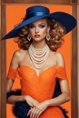 full body beautiful girl, elegant orange,lace clothes of the 80s, luxury style, small elegant hat with feather, hair of the 80s, pearl necklace, earrings masterful, beautiful face,blue backdrop