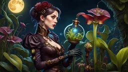 a dazzling attractive female with a (prosthetic arm:1.5) and wearing steampunk clothes (feeding:1.5) her (carnivorous pitcher plant1.5) in a moonlit garden, ultra high detail, oil painting, intricate detail, 8k resolution, trending on Artstation, sharp focus, triadic colors, deep color, vibrant, back lit, masterpiece