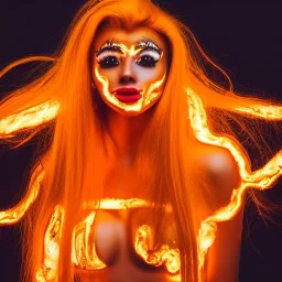 woman made of fire, fire angel, fire clothes, full body portrait, long flowing yellow hair, highly detailed, real life photo, photo quality, extremely detailed, highly detailed, 8K, crisp quality, looking at me