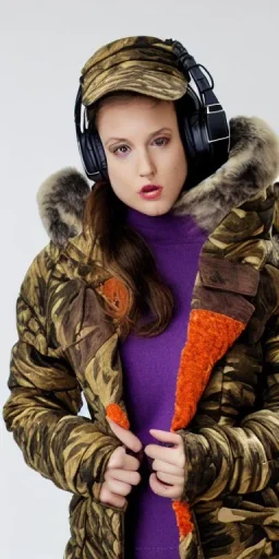 Brunette woman. average body type, think thighs and thick calves. Mantle is sewed of recycled Denim and sewed together of camouflage pieces. Printed camouflage figures are orange,terracotta, cream and purple. It is with big bright purple felt tippet and cream-colored-hood. mantle is merged with satchel. . AKG-style headphones (gold rings!) is merged with small felt cap with small visor. Style: Haute Couture in 1936, Paris fashion in 2023, inspired by surreal art. Cream latex gaiter.