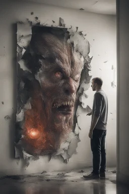 a man looking into a shattered bathroom mirror and seeing a horrifying, abstract deranged monster in his reflection