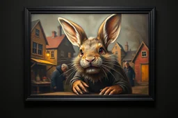 town major troll mouse rabbit in style of Rembrandt and Fallout 4, with motion blur, all on a painting on wall with black wooden frame and with black wall background