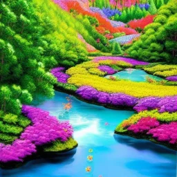 bright flowery landscape, cosmic atmosphere, blue lake, cascades, delicate flowers, perfect composition, 8k, super detailed,pink trees, fantasy art, complementary colours, intricate details