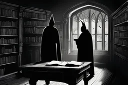 two cardinal priest, silhouette, library office, desk, interior, secret corridor, medieval, illustration,