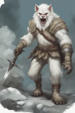 Dnd a young bugbear with WHITE fur and leather armor with swords