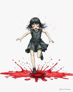 Petit girl goth, run pose, fullbody, splashes blood, behind guts rising from the ground, watercolor illustration by <John Kenn Mortensen>, darkred tones,