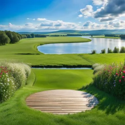 a dance platform with decor mane in country side in center of picture ,green field ,flowers , small river,blue sky pretty clouds ,camera looking at horison