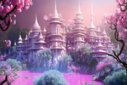 a magical crystal flower lys bougainvillier fuksia blue gold house indian palace castle in the woods, magnolias pink,blue lake,sun,white swanns,pink vertical, blue lake,sharp, vines, candlelit, endor, ornate, elegant, highly detailed, artstation, concept art, smooth, sharp focus, illustration, 8k, splash art, wallpaper, key visual