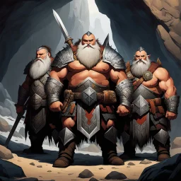 The sturdy Dwarves in front of the cave, with their characteristic proud, stout physiques, wear ornate, battle-worn armor adorned with bold, geometric patterns, and wield mighty axes, hammers, and swords. Their facial features are strong, with prominent beards, bushy eyebrows, and piercing, gemstone-like eyes. We Were Born Ready