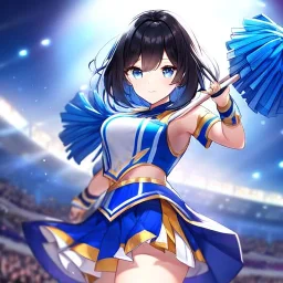 Clear Focus, High resolution, girl wearing a cheerleader outfit, blue eyes, medium hair length, black hair with a gradient of cyan