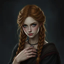 a pretty fantasy woman, young, braided ginger hair, maternal, dark fantasy art