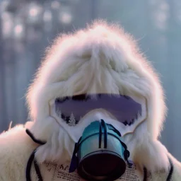 Yeti in a mask, background = (wildfires, mountains, fires, smoke, disaster)