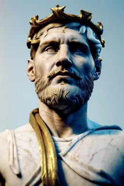 Realistic image, Roman sculpture made in white marble with gold veins, Lionel messi with gold laurel leaves crown, decorative star on the chest, waist up portrait, marble material, gold ornaments, Baroque style, sun rays background, epic, celestial, cinematic lighting, God lights, 4k resolution, smooth details, soft lighting, unreal engine 5, art station, substance 3d.