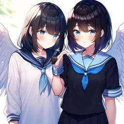 Clear focus,High resolution, Black short fluffy hair, and blue eyes, wearing a sailor uniform, must wear a short skirt, Blushing, Holding another girls hand, angel and devil
