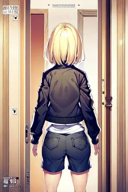 blonde girl with short jacket and shorts runs in a corridor in front at a mystery door, back view, line arts, manga page