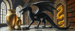 master oil painting by Escher and Giger, glaring vases and black humanoid reflective dragon and hidden golden dragon inside library
