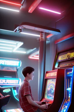 a millineal teenage boy is playing video arcade games, bright colored clothes from the 90s, hairstyles of that time