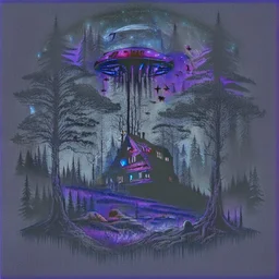 a dark forest with a house in the distance and a ufo in the sky black and purple black metal album