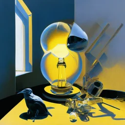 Abstract painting formed by a mix of human flesh-like surgical instruments and universe-like neuralink, a cat looking at a pigeon inside a huge bulb between light and shadow at dusk,surrealism,minimalism,Painting By Adrian Ghenie, Rene Magritte, Salvador Dali, Lucian Freud