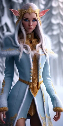 A long shot of a Cute elven female adventurer with ears out of her hairsdressed in a warm overcoat, wearing boots on paves, posing frontally, in style of Cedric Peyravernay Art, microdetails, ultradetailed --ar 2:3 --beta --upbeta --upbeta