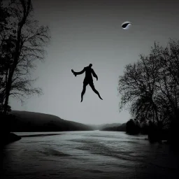 dark man shadow float in sky. scared people. river. river rock . valley . night